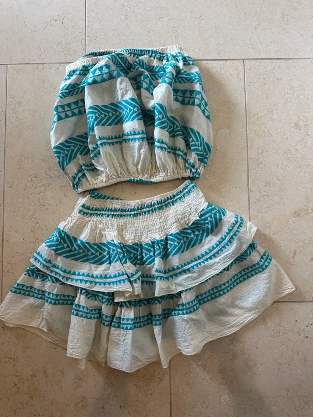 Women's White and Teal Tiered Smocked Circle Skirt and strapless matching set.
